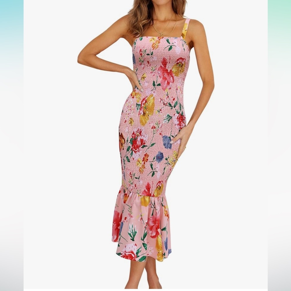 Summer Floral Midi Tank Dress Sleeveless Strappy Ruffle Hem Smocked Bodycon